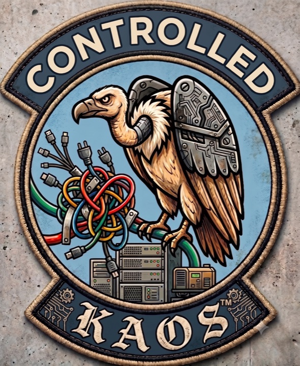 Controlled KAOS logo: a cybernetic vulture untangling a bundle of cables